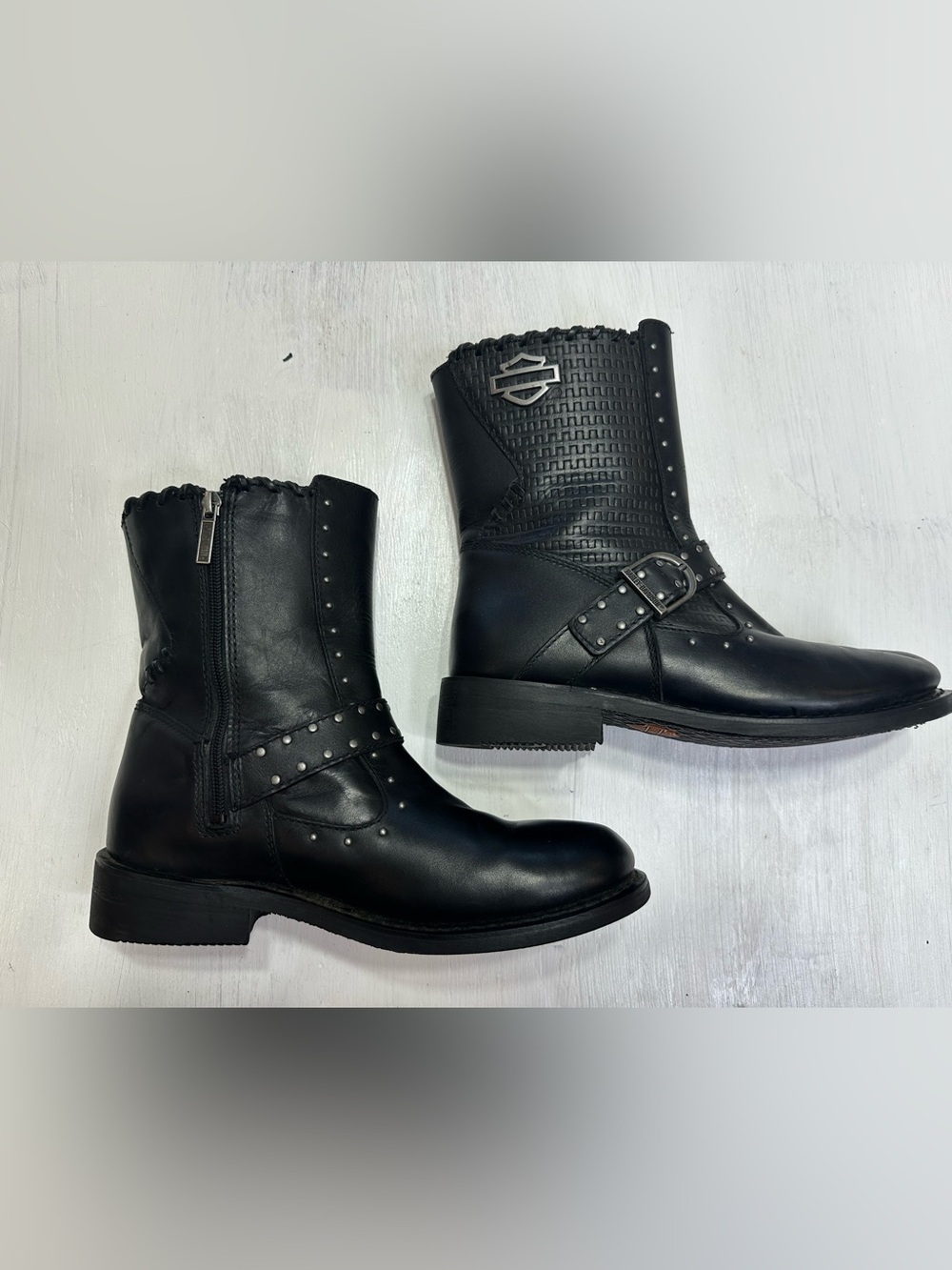 Harley-Davidson Abbie Black Leather Studded Moto Boots Women’s US 10M Biker - Picture 5 of 16